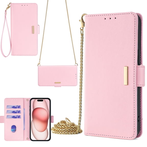 Crossbody Wallet Case for Google Pixel 6A with RFID Blocking Card Slot Holder,Magnetic Flip Purse Case, PU Leather Zipper Handbag with Detachable Shoulder Chain & Short Wrist Strap,Pink
