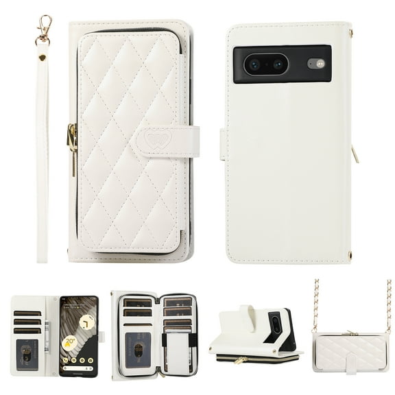 Crossbody Wallet Case for Google Pixel 7 Chain Lanyard & Wrist Hand Strap Case with Card Slots Zipper Pocket Kickstand, Premium PU Leather Magnetic Clasp Shockproof Flip Cover, White
