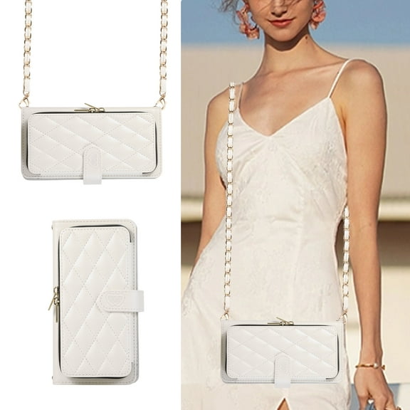 Crossbody Wallet Case for Google Pixel 7 Pro Chain Lanyard & Wrist Hand Strap Case with Card Slots Zipper Pocket Kickstand, Premium PU Leather Magnetic Clasp Shockproof Flip Cover, White