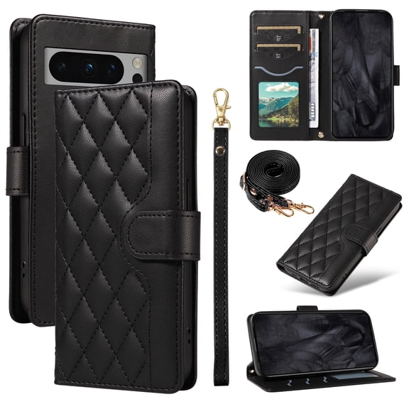 Crossbody Wallet Case for Google Pixel 8, Credit Card Slots Elegant PU Leather Magnetic Closure Shoulder Strap Purse Phone Case Flip Stand Full Body Protection Cover for Women Girls, Black