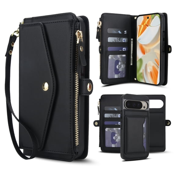 Crossbody Wallet Case for Google Pixel 8 Pro with RFID Blocking Detachable Card Holder Wrist Strap Shoulder Strap, PU Leather Magnetic Snap Zipper Purse Flip Kickstand Phone Case,Black