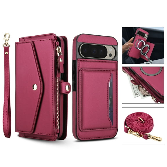 Crossbody Wallet Case for Google Pixel 8 with RFID Blocking Detachable Card Holder Wrist Strap Shoulder Strap, PU Leather Magnetic Snap Zipper Purse Flip Kickstand Phone Case,Red