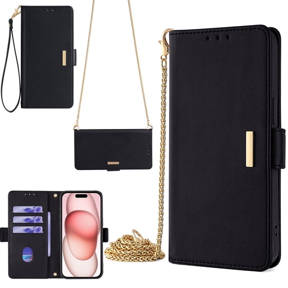 Crossbody Wallet Case for Google Pixel 9A with RFID Blocking Card Slot Holder,Magnetic Flip Purse Case, PU Leather Zipper Handbag with Detachable Shoulder Chain & Short Wrist Strap,Black