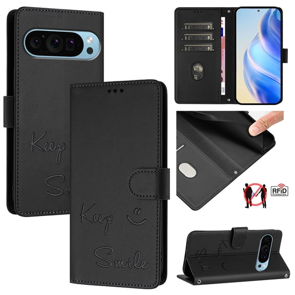 Crossbody Wallet Case for Google Pixel 9A, Smile Pattern PU Leather Phone Case with Kickstand RFID Blocking Card Slots, Magnetic Closure Folio Cover with Wrist Strap Lanyard, Black