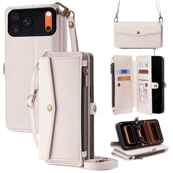 Crossbody Wallet Case, Leather Stand Phone Cover with Wrist Strap, Shoulder Strap and 5+ Card Slots, Compatible with iPhone 17 16 15 14 13 12 11 Pro Max