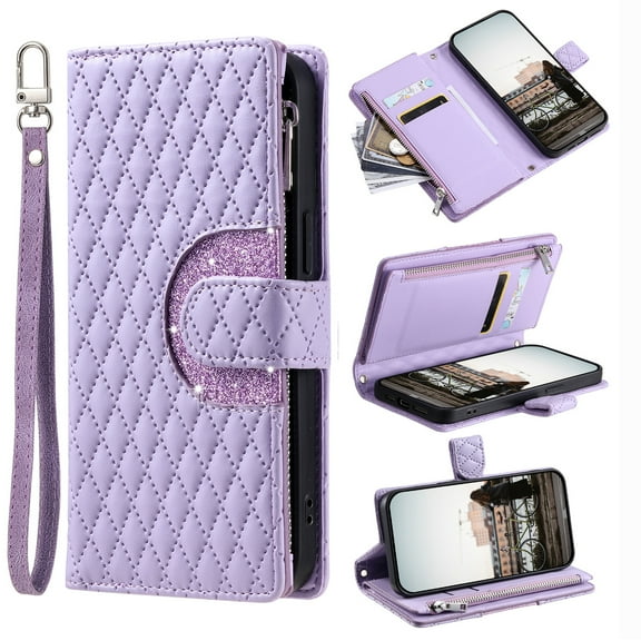 Crossbody Wallet Case for Motorola Moto G Power 2021 Glitter PU Leather Phone Case with Card Slots Stand Wrist Strap Cover Magnetic Closure Flip Handbag Zipper Purse Case for Women Girls, Purple