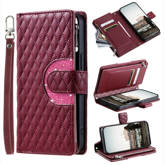Crossbody Wallet Case for Motorola Moto G Power 5G 2024 Glitter PU Leather Phone Case with Card Slots Stand Wrist Strap Cover Magnetic Closure Flip Handbag Zipper Purse Case for Women Girls, Winered