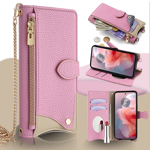Crossbody Wallet Case for Motorola Moto G Power 5G 2024 with Make-up Mirror, Detachable Chain Strap, Zipper Purse Card Slots Adjustable Kickstand, PU Leather Full Body Cover for Women Girls, Pink