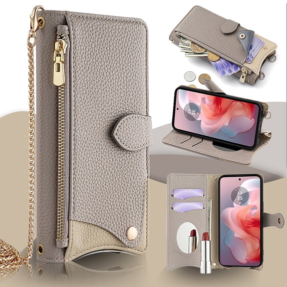Crossbody Wallet Case for Motorola Moto G Power 5G 2024 with Make-up Mirror, Detachable Chain Strap, Zipper Purse Card Slots Adjustable Kickstand, PU Leather Full Body Cover for Women Girls, Gray