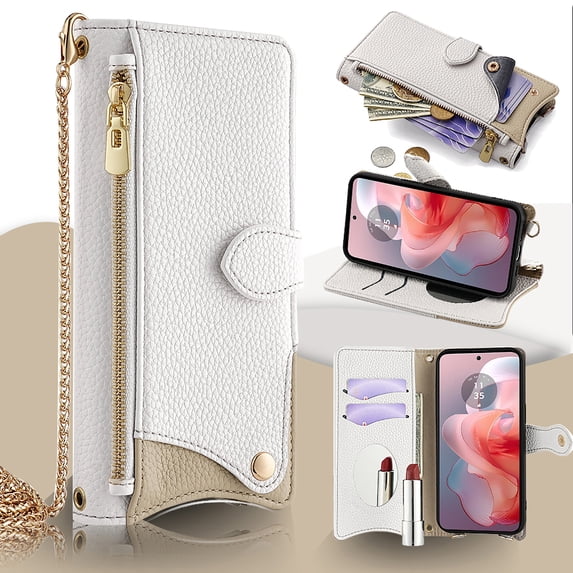 Crossbody Wallet Case for Motorola Moto G Power 5G 2024 with Make-up Mirror, Detachable Chain Strap, Zipper Purse Card Slots Adjustable Kickstand, PU Leather Full Body Cover for Women Girls, White