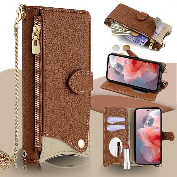Crossbody Wallet Case for Motorola Moto G Stylus 4G 2023 with Make-up Mirror, Detachable Chain Strap, Zipper Purse Card Slots Adjustable Kickstand, PU Leather Full Body Cover for Women Girls, Brown
