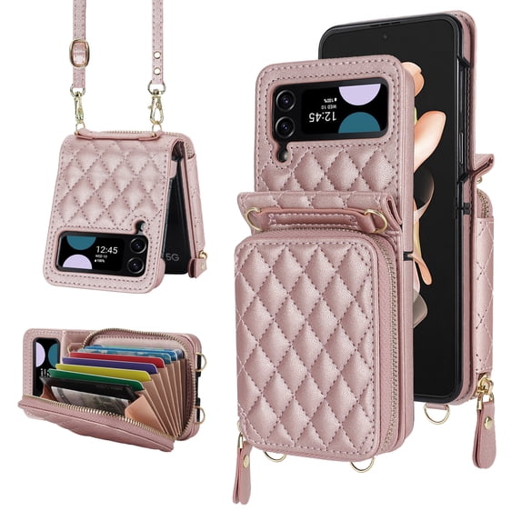 Crossbody Wallet Case for Motorola Moto Razr 40 Ultra RFID Blocking Card Slot, Zipper Purse Case PU Leather Handbag with Detachable Lanyard and Kickstand for Motorola Moto Razr 40 Ultra,Rosegold
