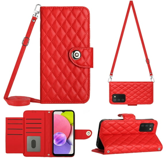 Crossbody Wallet Case for Samsung A03s RFID Blocking Elegant Premium Leather Purse with Credit Card Holder, Shoulder Strap Kickstand Handbag Flip Cover for Samsung Galaxy A03s, Red