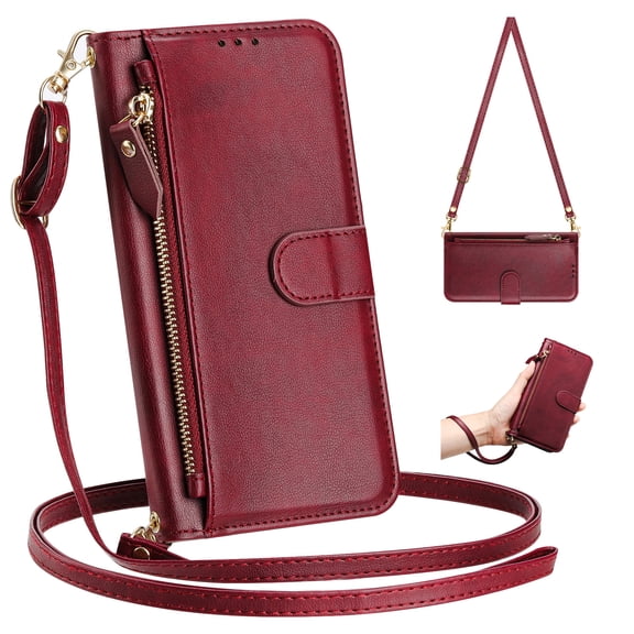Crossbody Wallet Case For Samsung Galaxy A07, PU Leather Flip with Zipper Pocket, Card Slots & ID Window, RFID Blocking Magnetic Closure Detachable Strap & Kickstand for Women Men,Winered