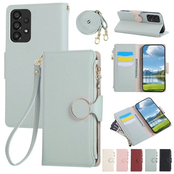 Crossbody Wallet Case for Samsung Galaxy A13 4G with Wrist Strap & Shoulder Strap, Zipper Purse with Magnetic Clasp Stand Card Holder, PU Leather Shockproof Cover for Samsung Galaxy A13 4G, Cyan