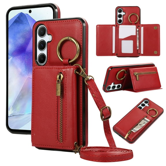 Crossbody Wallet Case for Samsung Galaxy A14 5G with Lanyard Strap Card Slot Holder RFID Blocking 360° Ring Kickstand,Magnetic Flip Folio Zipper Purse Case, PU Leather Cover Handbag,Red