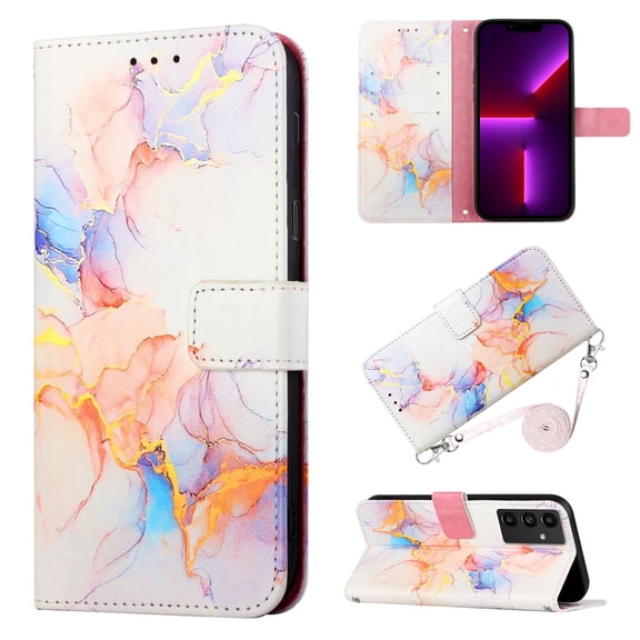 Crossbody Wallet Case for Samsung Galaxy A14 5G, Marble Pattern Luxury PU Leather Detachable Shoulder Strap Lanyard Magnetic Clasp Flip Cover with Card Slots Holder Kickstand Case, Colored