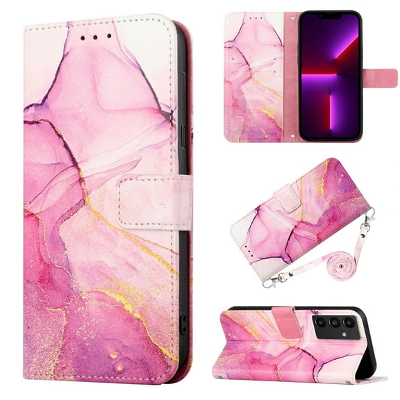 Crossbody Wallet Case for Samsung Galaxy A14 5G, Marble Pattern Luxury PU Leather Detachable Shoulder Strap Lanyard Magnetic Clasp Flip Cover with Card Slots Holder Kickstand Case, Pink/Purple