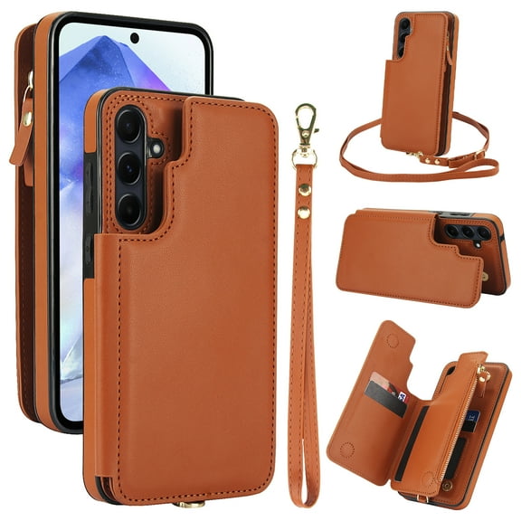 Crossbody Wallet Case for Samsung Galaxy A15, RFID Blocking Leather Purse Case with Card Holder, Double Flip-top Designing,Protective Flip Cover with Zipper Wrist Strap & Lanyard,Brown