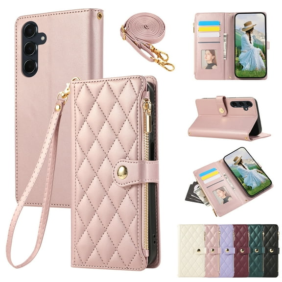 Crossbody Wallet Case for Samsung Galaxy A15 with Zipper Card Holder & Shoulder Strap & Wrist Strap, RFID Blocking PU Leather Magnetic Flip Kickstand Handbag Purse Case for Women Girls,Rosegold
