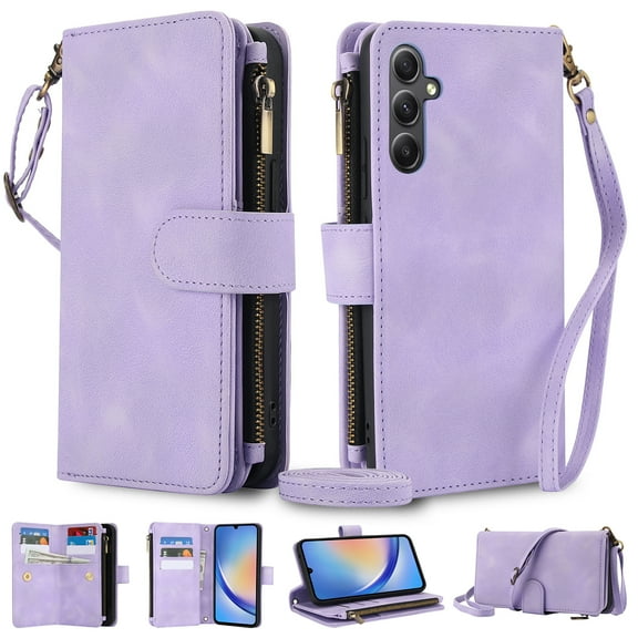 Crossbody Wallet Case for Samsung Galaxy A16 5G, Premium PU Leather Phone Case with RFID Blocking Card Holder Zipper, Wrist Strap& Lanyard, Flip Stand Purse Cover for Samsung Galaxy A16 5G, Purple