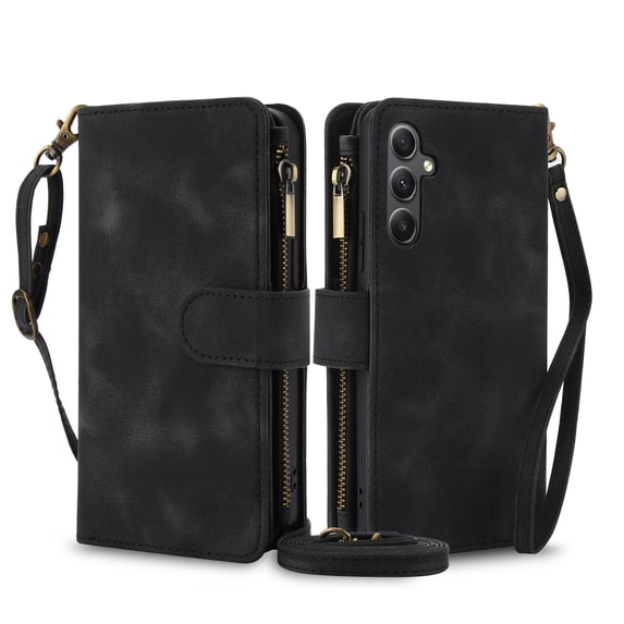 Crossbody Wallet Case for Samsung Galaxy A16 5G RFID Blocking 9-Card Holder Vintage PU Leather Shoulder Strap Zipper Pocket Phone Case with Flip Stand for Samsung Galaxy A16 5G, Black
