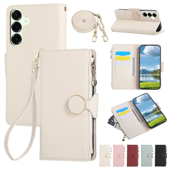 Crossbody Wallet Case for Samsung Galaxy A16 5G with Wrist Strap & Shoulder Strap, Zipper Purse with Magnetic Clasp Stand Card Holder, PU Leather Shockproof Cover for Samsung Galaxy A16 5G, Beige