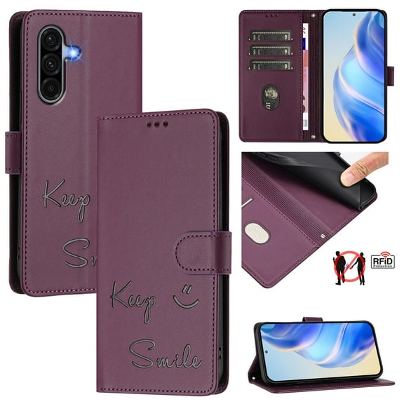Crossbody Wallet Case for Samsung Galaxy A17 5G, Smile Pattern PU Leather Phone Case with Kickstand RFID Blocking Card Slots, Magnetic Closure Folio Cover with Wrist Strap Lanyard, Darkpurple