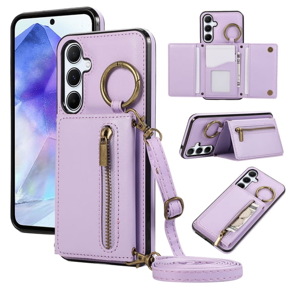 Crossbody Wallet Case for Samsung Galaxy A25 5G, with Shoulder Strap Card Slots Ring Holder, Magnetic Flip Folio Zipper Purse Case, PU Leather Kickstand Cover Handbag for Galaxy A25 5G, Purple