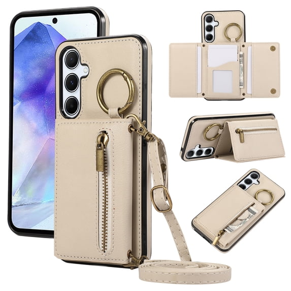 Crossbody Wallet Case for Samsung Galaxy A25 5G, with Shoulder Strap Card Slots Ring Holder, Magnetic Flip Folio Zipper Purse Case, PU Leather Kickstand Cover Handbag for Galaxy A25 5G, Beige