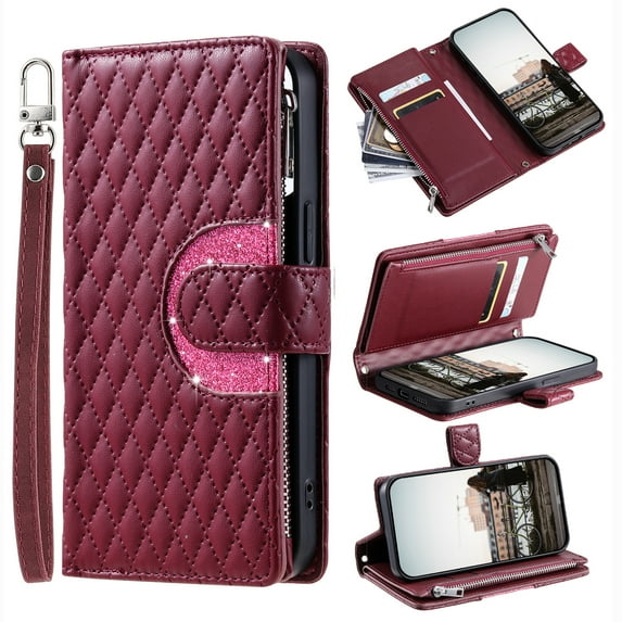 Crossbody Wallet Case for Samsung Galaxy A32 4G Glitter PU Leather Phone Case with Card Slots Stand Wrist Strap Cover Magnetic Closure Flip Handbag Zipper Purse Case for Women Girls, Winered
