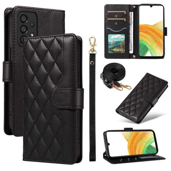 Crossbody Wallet Case for Samsung Galaxy A32 5G, Credit Card Slots Elegant PU Leather Magnetic Closure Shoulder Strap Purse Phone Case Flip Kickstand Full Body Protection Cover for Women Girls, Black