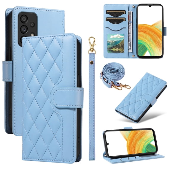 Crossbody Wallet Case for Samsung Galaxy A32 5G, Credit Card Slots Elegant PU Leather Magnetic Closure Shoulder Strap Purse Phone Case Flip Kickstand Full Body Protection Cover for Women Girls, Blue