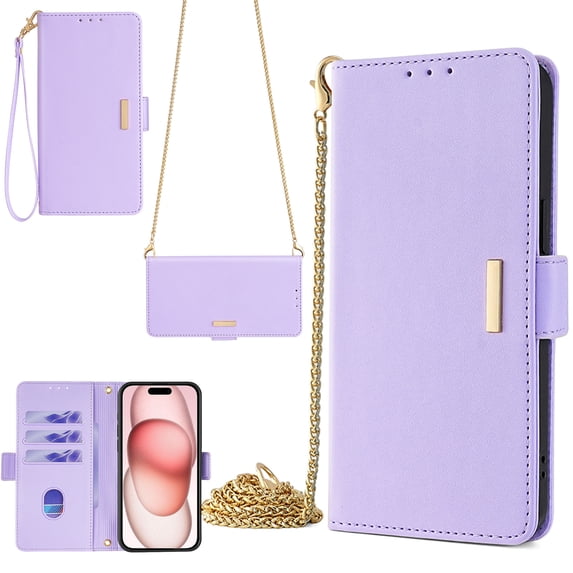 Crossbody Wallet Case for Samsung Galaxy A35 with RFID Blocking Card Slot Holder,Magnetic Flip Purse Case, PU Leather Zipper Handbag with Detachable Shoulder Chain & Short Wrist Strap,Purple