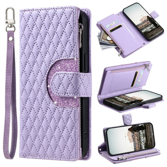 Crossbody Wallet Case for Samsung Galaxy A36 5G Glitter PU Leather Phone Case with Card Slots Kickstand Wrist Strap Cover Magnetic Closure Flip Handbag Zipper Purse Case for Women Girls, Purple