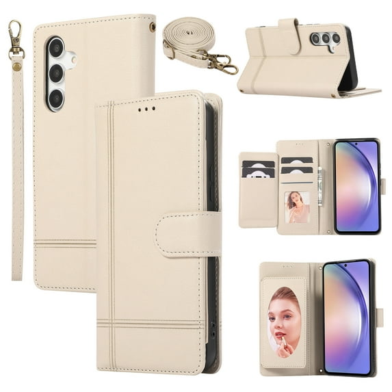 Crossbody Wallet Case for Samsung Galaxy A36 5G, PU Leather Case Wallet with Lanyard Strap, Card Holder and Make-up Mirror, Full Protection Flip Stand Cover for Samsung Galaxy A36 5G, Beige