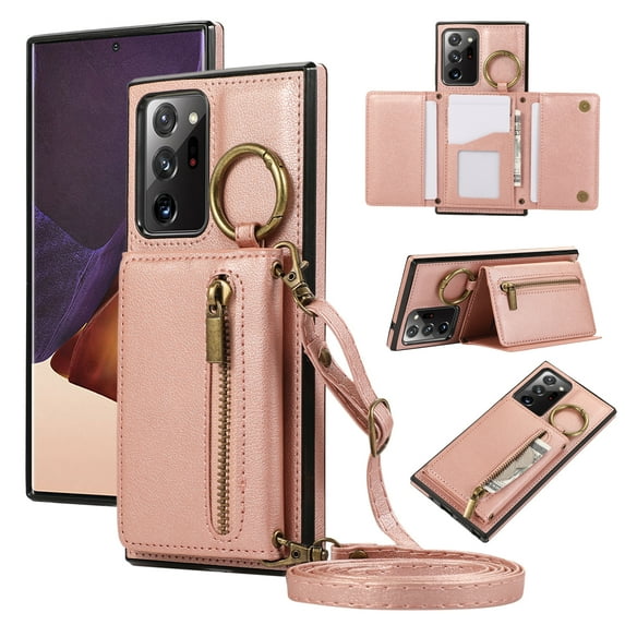 Crossbody Wallet Case for Samsung Galaxy A53 5G with Lanyard Strap Card Slot Holder RFID Blocking 360° Ring Kickstand,Magnetic Flip Folio Zipper Purse Case, PU Leather Cover Handbag,Rosegold