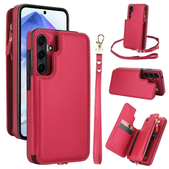 Crossbody Wallet Case for Samsung Galaxy A53 5G, RFID Blocking Leather Purse Case with Card Holder, Double Flip-top Designing,Protective Flip Cover with Zipper Wrist Strap & Lanyard,Red