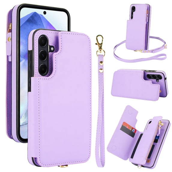Crossbody Wallet Case for Samsung Galaxy A53 5G, RFID Blocking Leather Purse Case with Card Holder, Double Flip-top Designing,Protective Flip Cover with Zipper Wrist Strap & Lanyard,Lightpurple