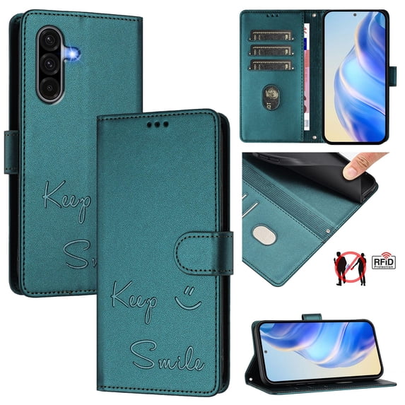 Crossbody Wallet Case for Samsung Galaxy A56 5G, Smile Pattern PU Leather Phone Case with Kickstand RFID Blocking Card Slots, Magnetic Closure Folio Cover with Wrist Strap Lanyard, Darkgreen