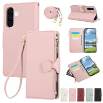 Crossbody Wallet Case for Samsung Galaxy A56 5G with Wrist Strap & Shoulder Strap, Zipper Purse with Magnetic Clasp Stand Card Holder, PU Leather Shockproof Cover for Samsung Galaxy A56 5G, Pink