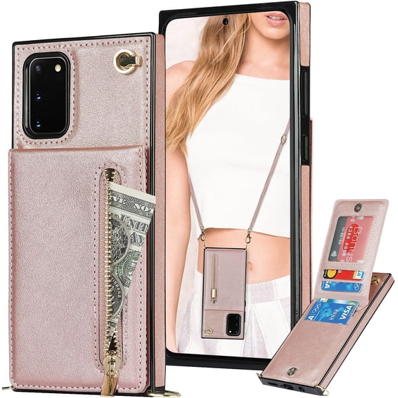 Crossbody Wallet Case for Samsung Galaxy Note 20 with Card Holder, Purse Cover Removable Cross Body Strap for Galaxy Note 20 Zipper Phone Case Rose Gold