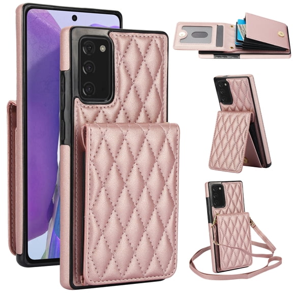 Crossbody Wallet Case for Samsung Galaxy Note 20, Purse Magnetic Clasp RFID Blocking Card Holder, PU Leather Flip Kickstand Shockproof Protective Cover for Galaxy Note 20, Rosegold