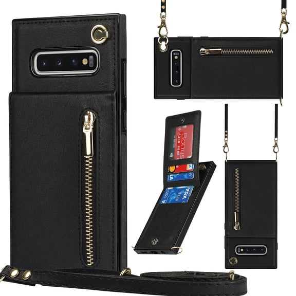 Crossbody Wallet Case for Samsung Galaxy S10 Plus with Card Holders RFID Shockproof Cover, Back Magnetic Flip Kickstand Zipper Slot Case, PU Leather Cover Handbag Shoulder Strap Phone Case,Black