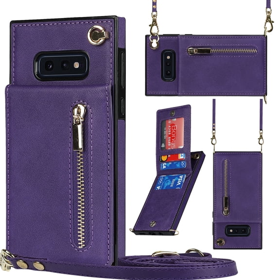Crossbody Wallet Case for Samsung Galaxy S10E with Card Holders RFID Shockproof Cover, Back Magnetic Flip Kickstand Zipper Slot Case, PU Leather Cover Handbag Shoulder Strap Phone Case,Purple