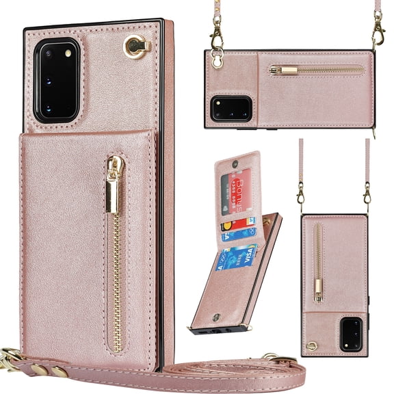 Crossbody Wallet Case for Samsung Galaxy S20 with Card Holders RFID Shockproof Cover, Back Magnetic Flip Kickstand Zipper Slot Case, PU Leather Cover Handbag Shoulder Strap Phone Case,Rosegold