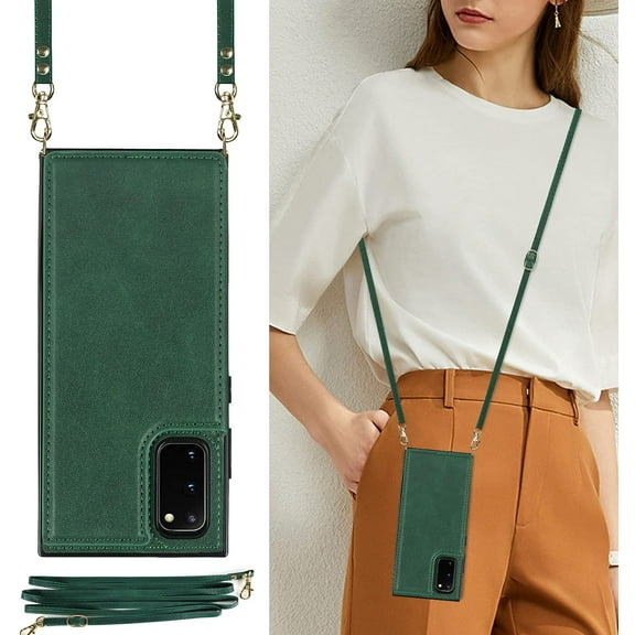 Crossbody Wallet Case for Samsung Galaxy S20 FE 5G, Kickstand with Adjustable Removable Lanyard Neck Strap Case Card Holder Case Shockproof Cover Magnetic Clasp Cover Flip Case -Green
