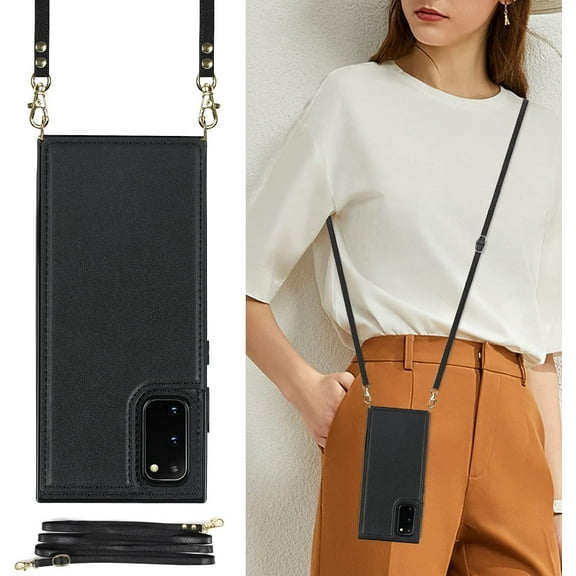 Crossbody Wallet Case for Samsung Galaxy S20 FE 5G, Kickstand with Adjustable Removable Lanyard Neck Strap Case Card Holder Case Shockproof Cover Magnetic Clasp Cover Flip Case -Black