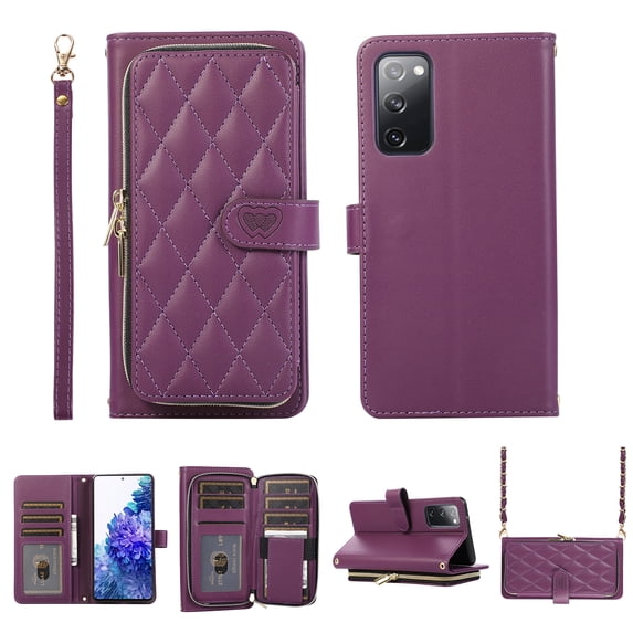 Crossbody Wallet Case for Samsung Galaxy S20 FE Chain Lanyard & Wrist Hand Strap Case with Card Slots Zipper Pocket Kickstand, Premium PU Leather Magnetic Clasp Shockproof Flip Cover, Darkpurple