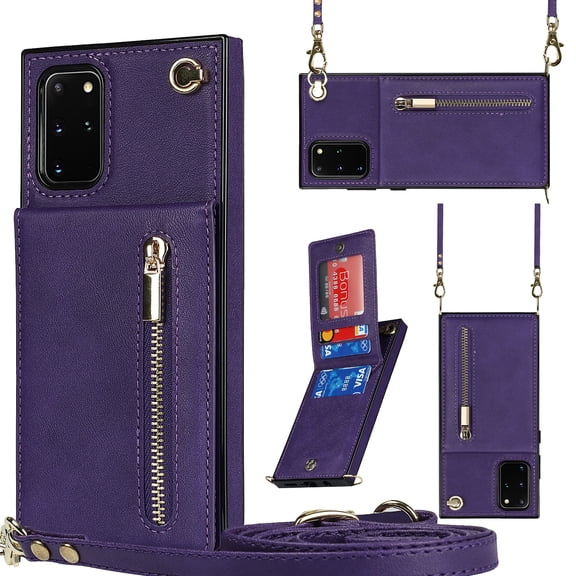 Crossbody Wallet Case for Samsung Galaxy S20 Plus with Card Holders RFID Shockproof Cover, Back Magnetic Flip Kickstand Zipper Slot Case, PU Leather Cover Handbag Shoulder Strap Phone Case,Purple